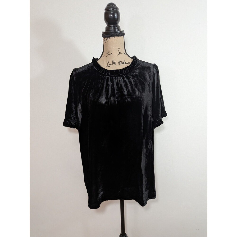 TALBOTS NWT $89 Solid Black Ruffle Neck Velvet Blouse Top Short Sleeve Size XL
